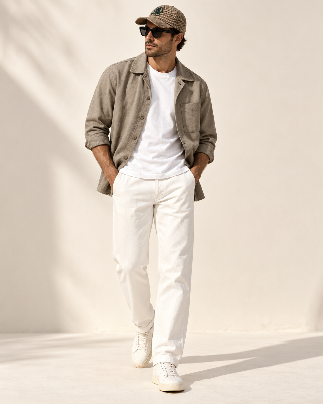 Look masculino RIVIERA COAST CLUB con denim offwhite, camiseta blanca, camisa café con leche, gafas y gorra