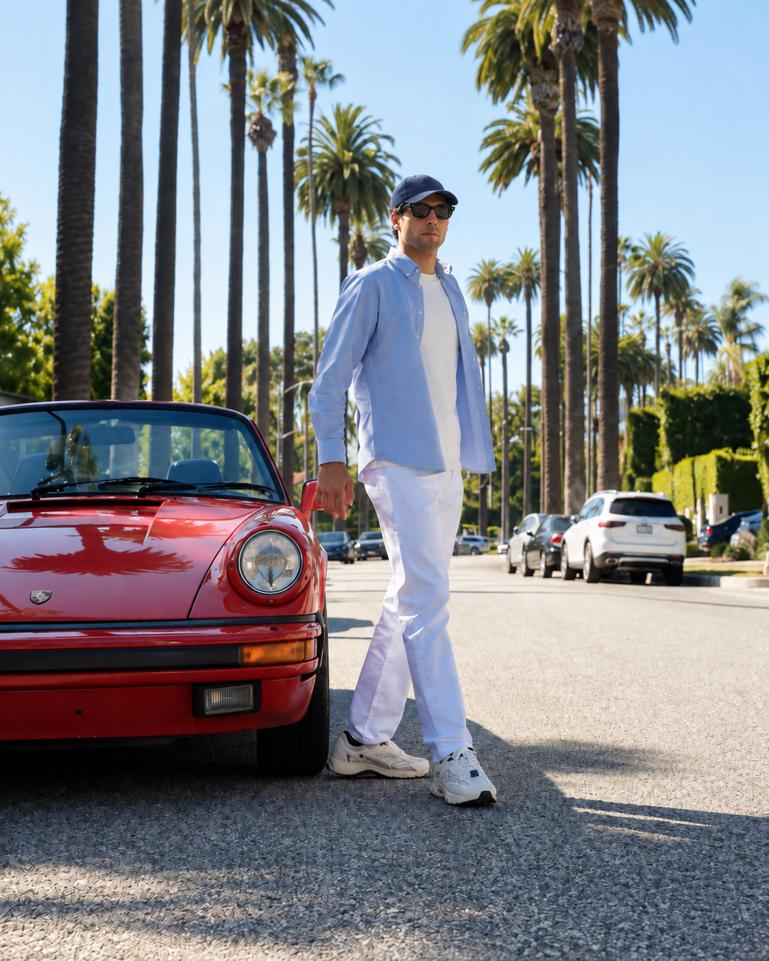 Look Mercer Amsterdam con Porsche rojo y palmeras