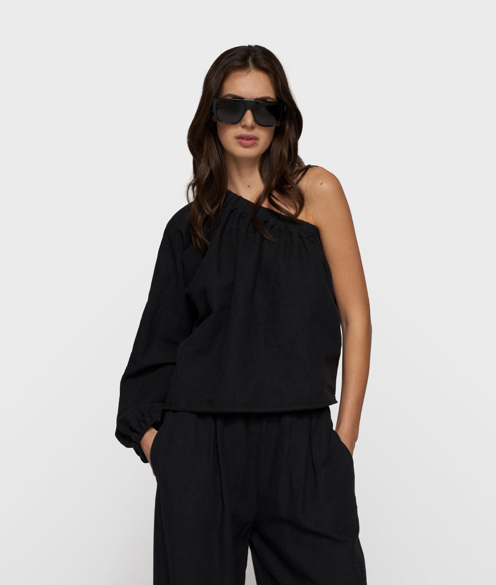10DAYS one shoulder top linen 20-406-6202 Black