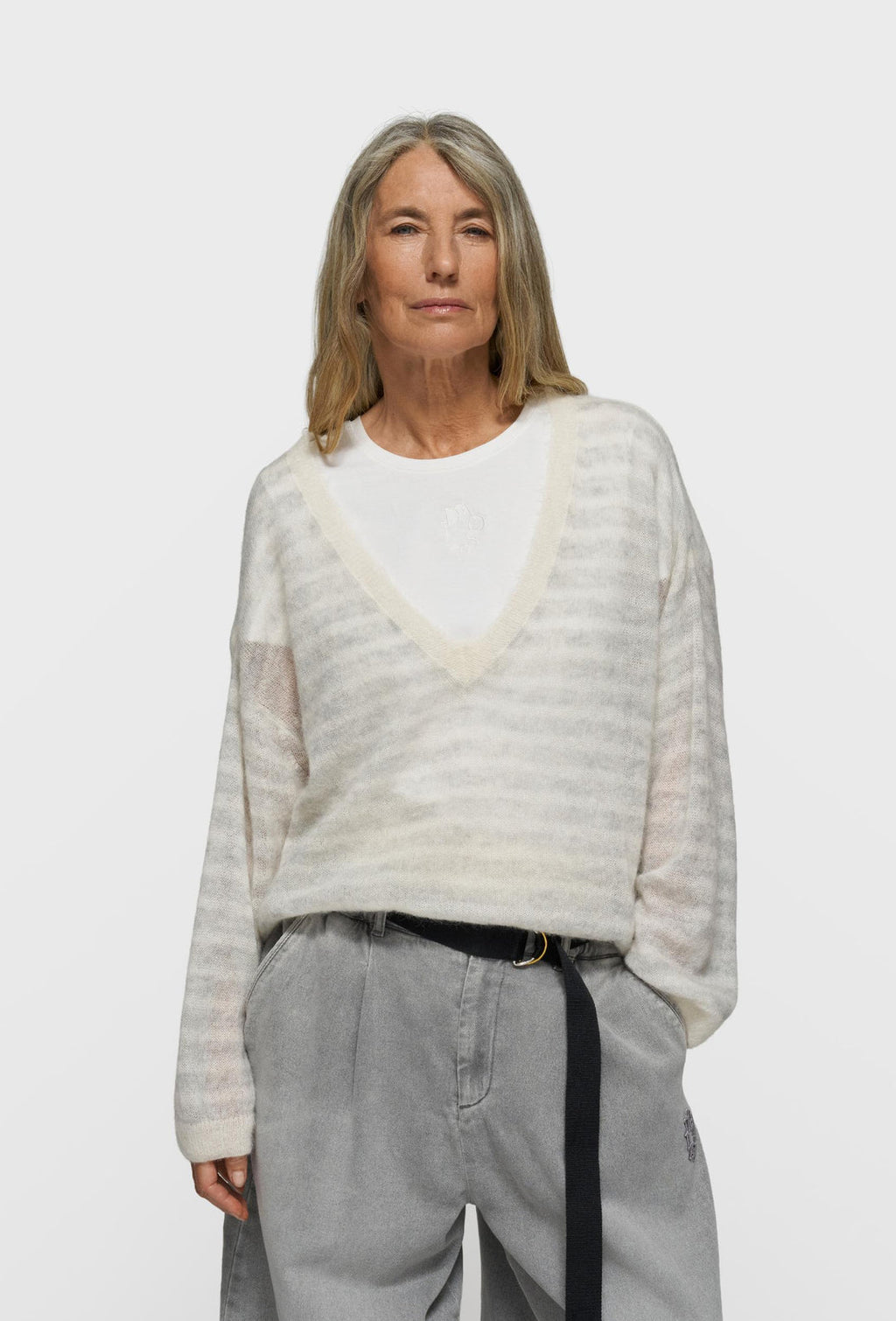 10DAYS Thin V-neck Knit Sweater light grey melee ecru