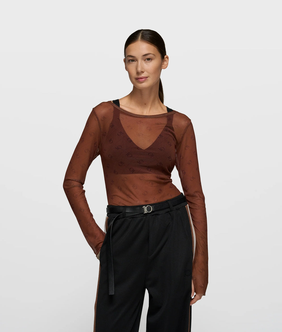 10DAYS mesh long sleeve monogram 20-771-6201 Dark Truffle