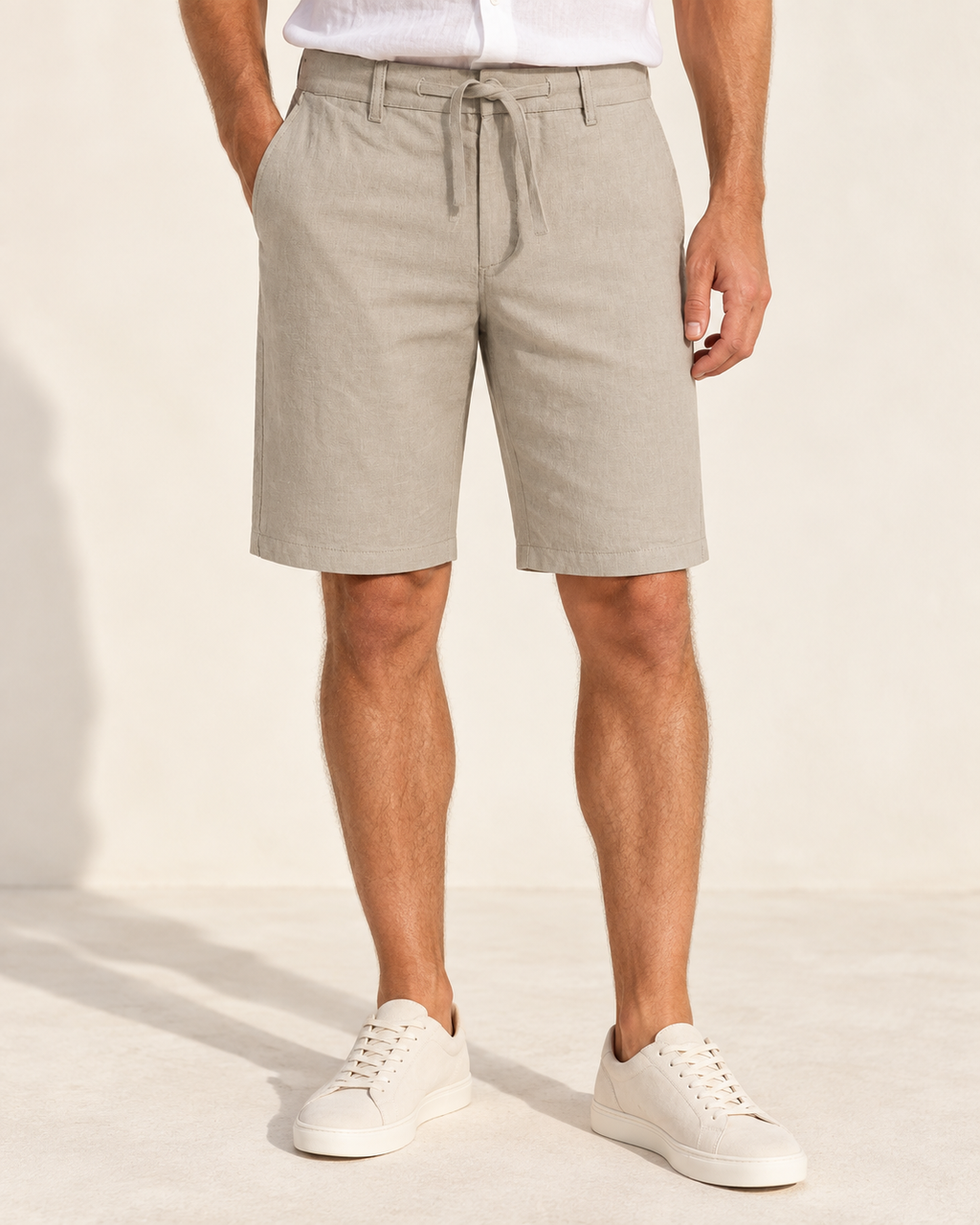Bermudas de lino Dstrezzed Logan 515558 Vintage Khaki, fotografía nítida de modelo